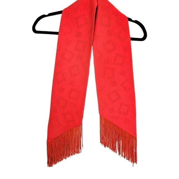 Vintage '60s Pleated Drop Waist Coral Sleeveless V-Neck Wool? Dress with Scarf 6 - Picture 3 of 15